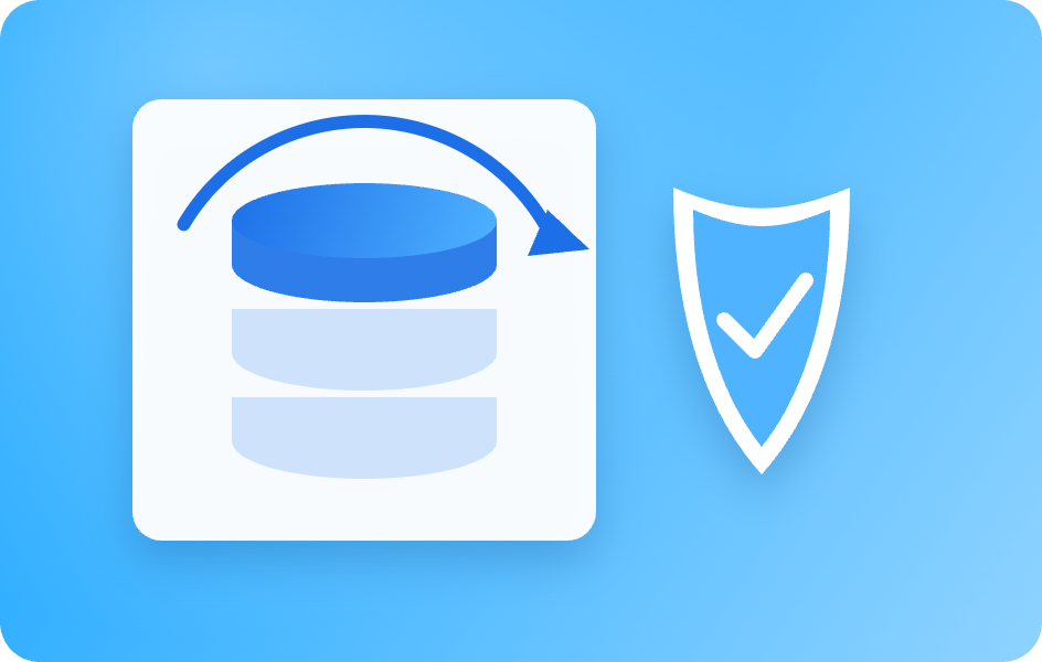 Illustration of a database with a recovery arrow and a protective shield
