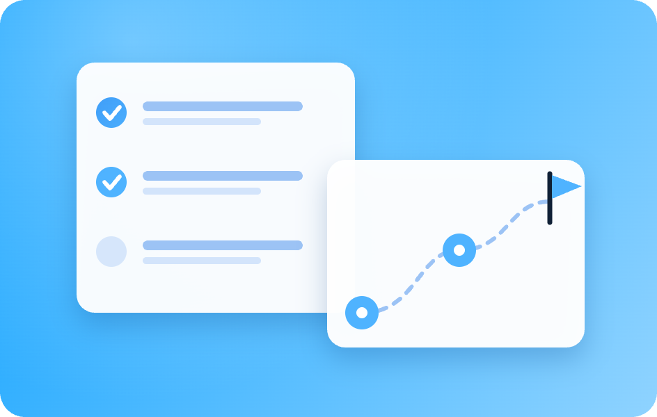 Illustration of a planning checklist and a roadmap leading to a goal flag