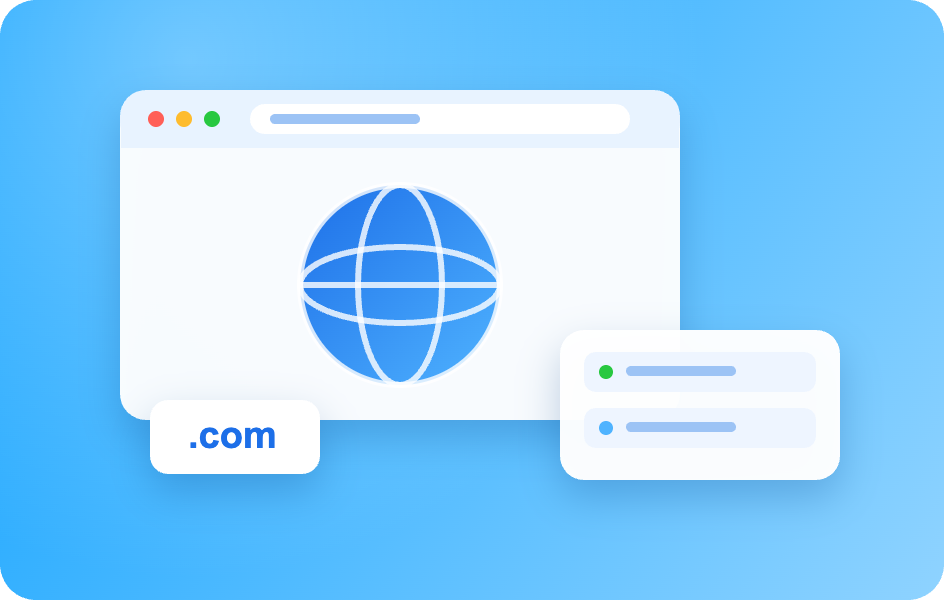 Illustration of a website browser with a globe, a dot com domain and hosting status